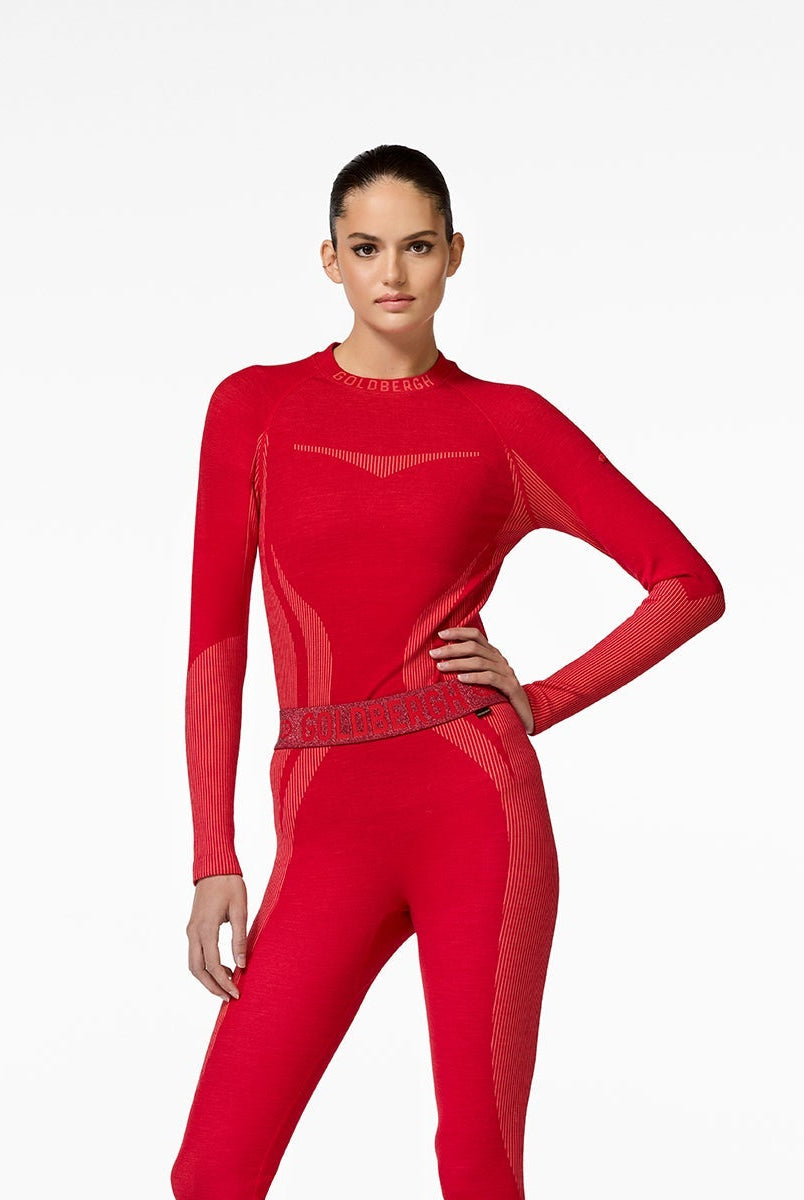 Person wearing a red outfit with cut-out design on a white background