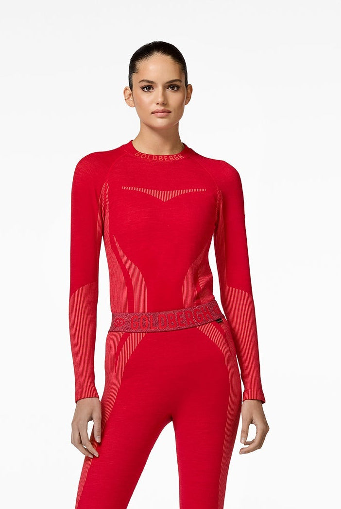 Person wearing a red baselayer for skiing with matching high boots on a white background