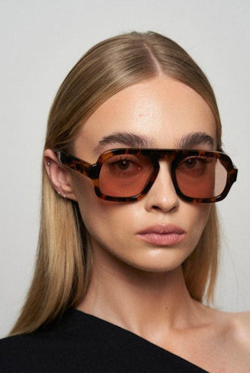 Person wearing a pair of sunglasses with a plain background