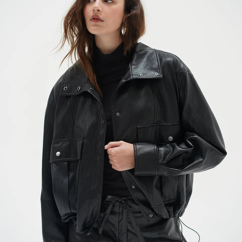 Mercer Faux Leather Bomber Jacket- Black