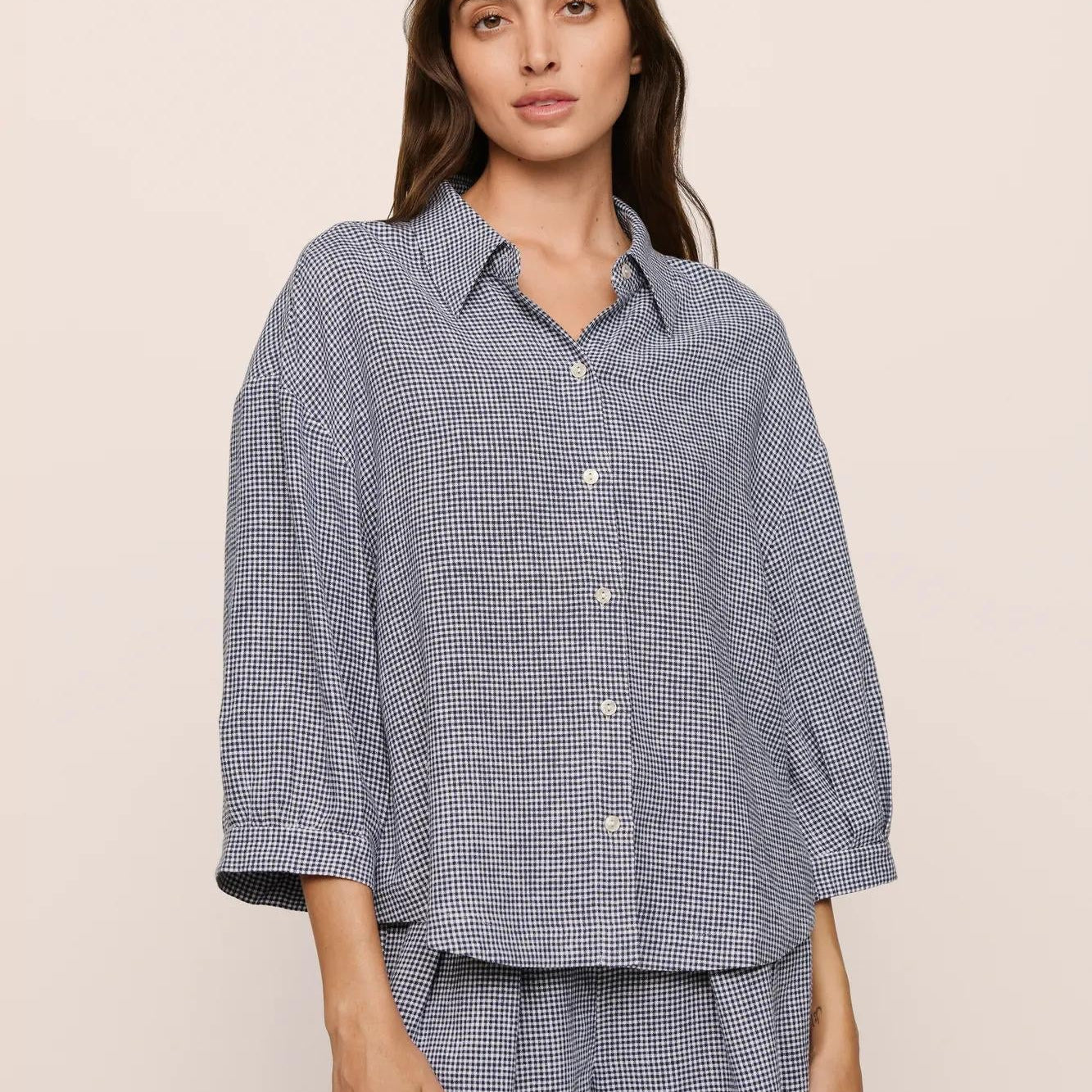 Linen Blend Relaxed Sleeve Top- Navy