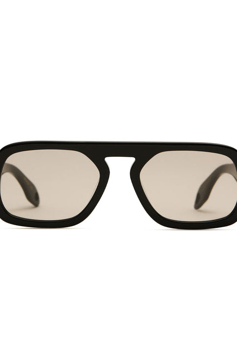 Black sunglasses with reflective lenses on a white background
