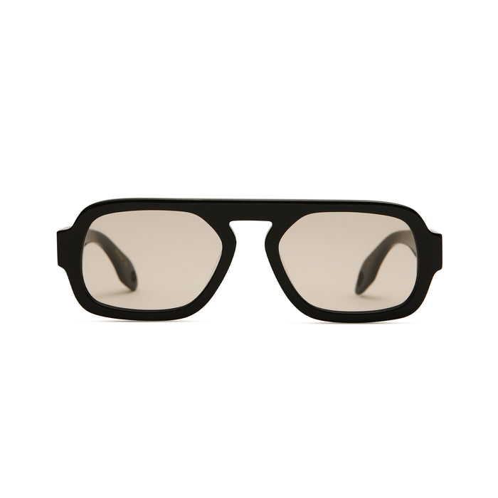 Black sunglasses with reflective lenses on a white background