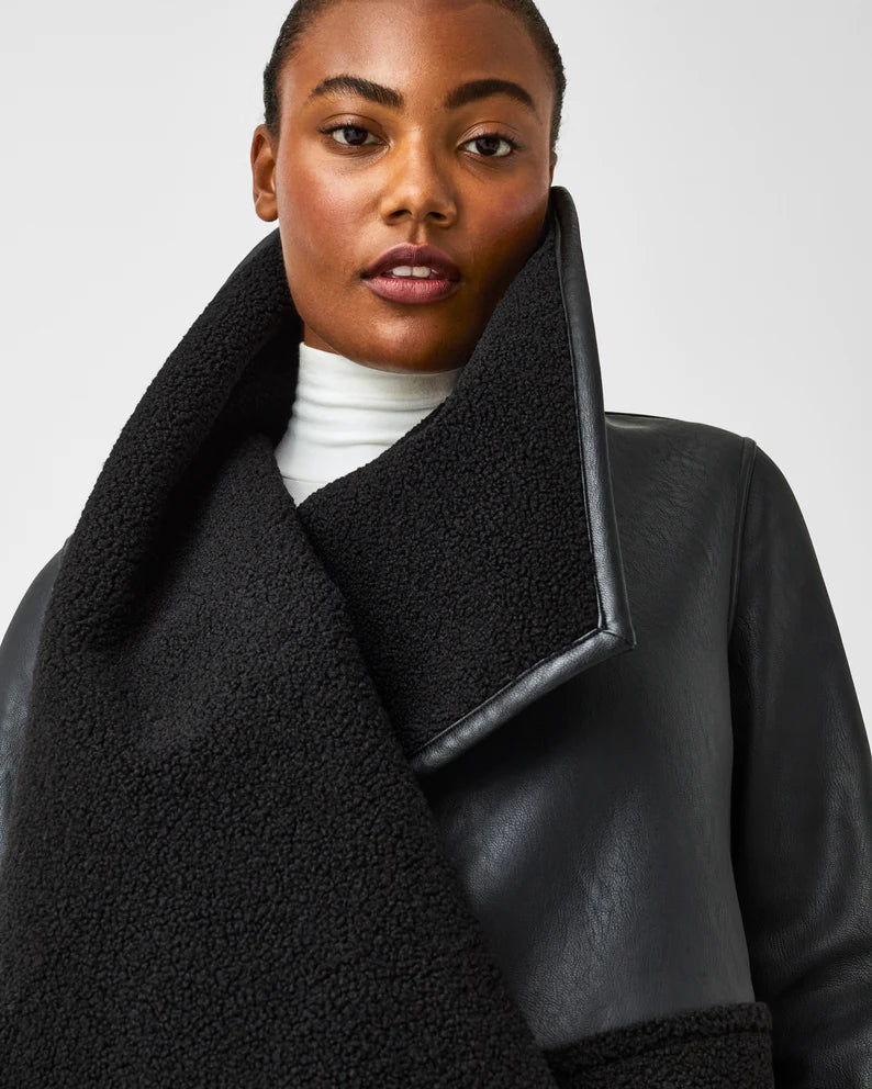 Fleece Faux Leather Long Wrap Jacket Luxe Society Active