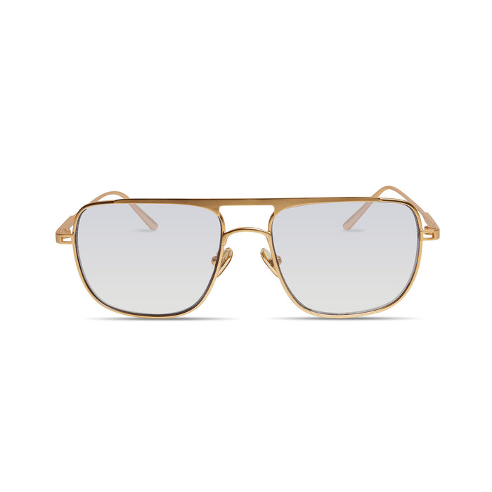Gold-framed sunglasses with clear lenses on a white background