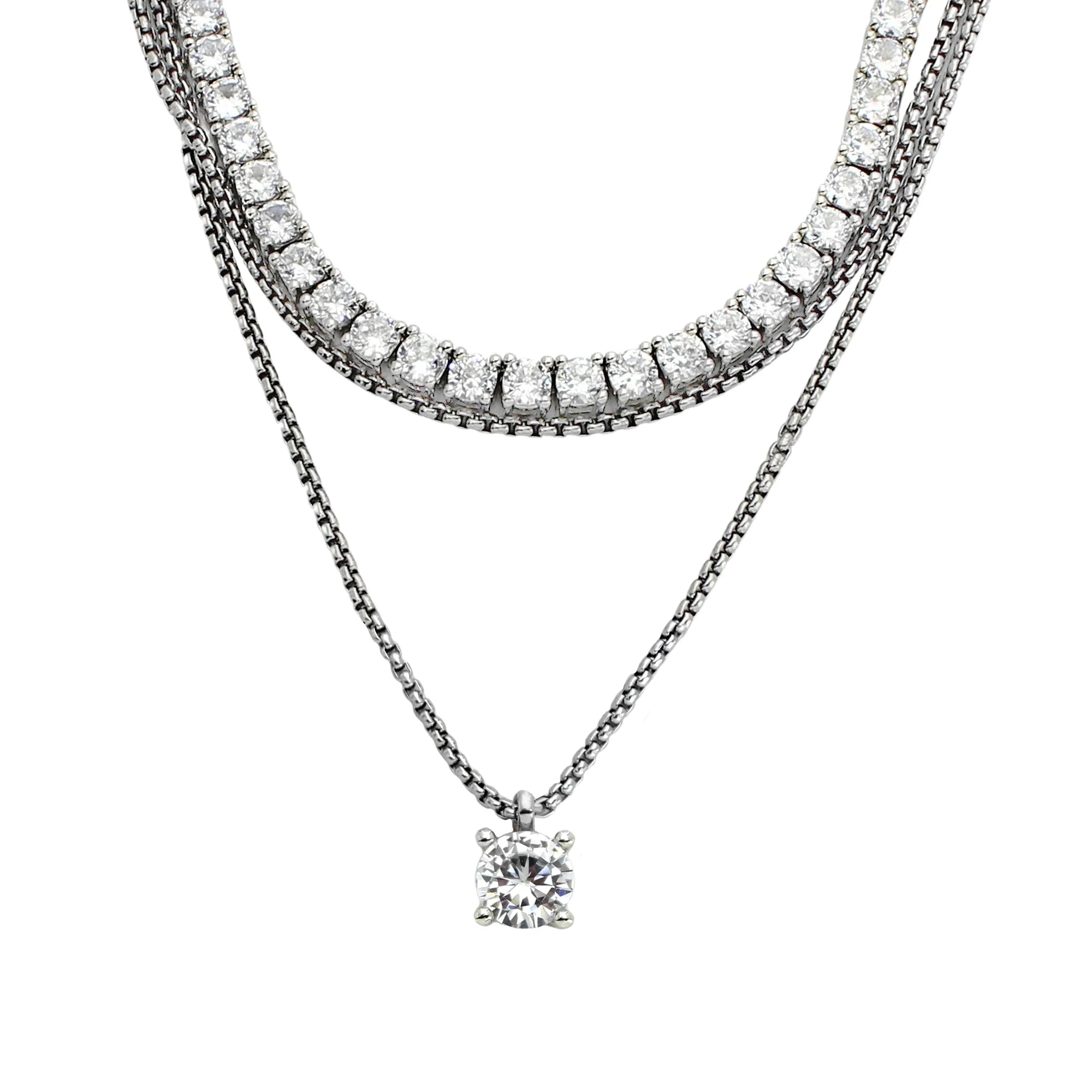 Tennis Layered Necklace Set- Silver